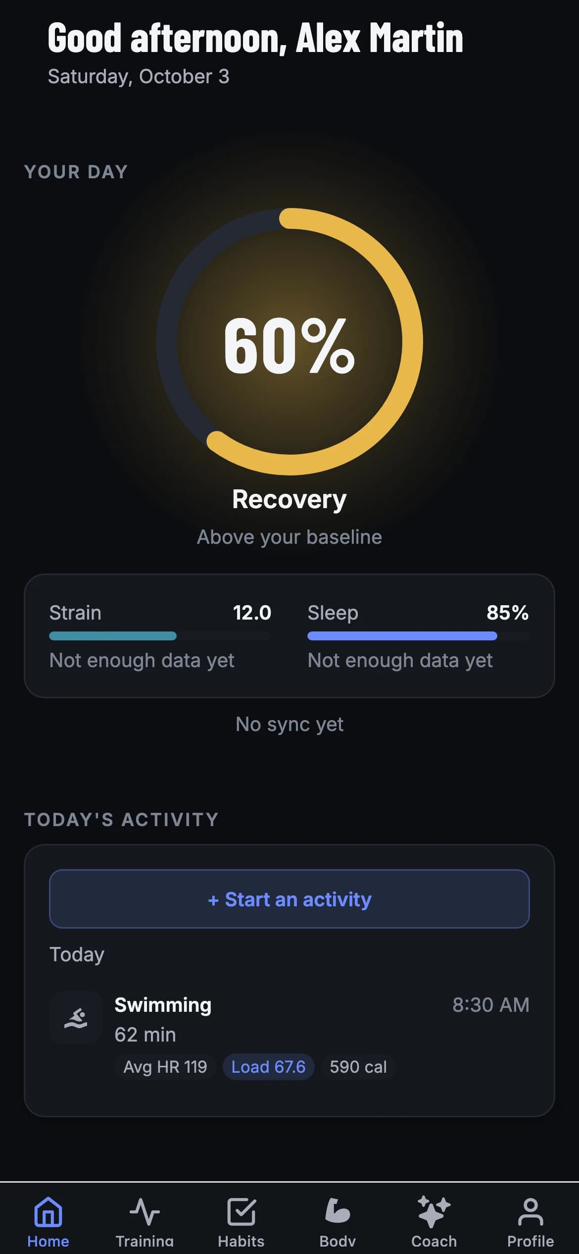 Orbit Home screen showing the Recovery, Strain, and Sleep rings