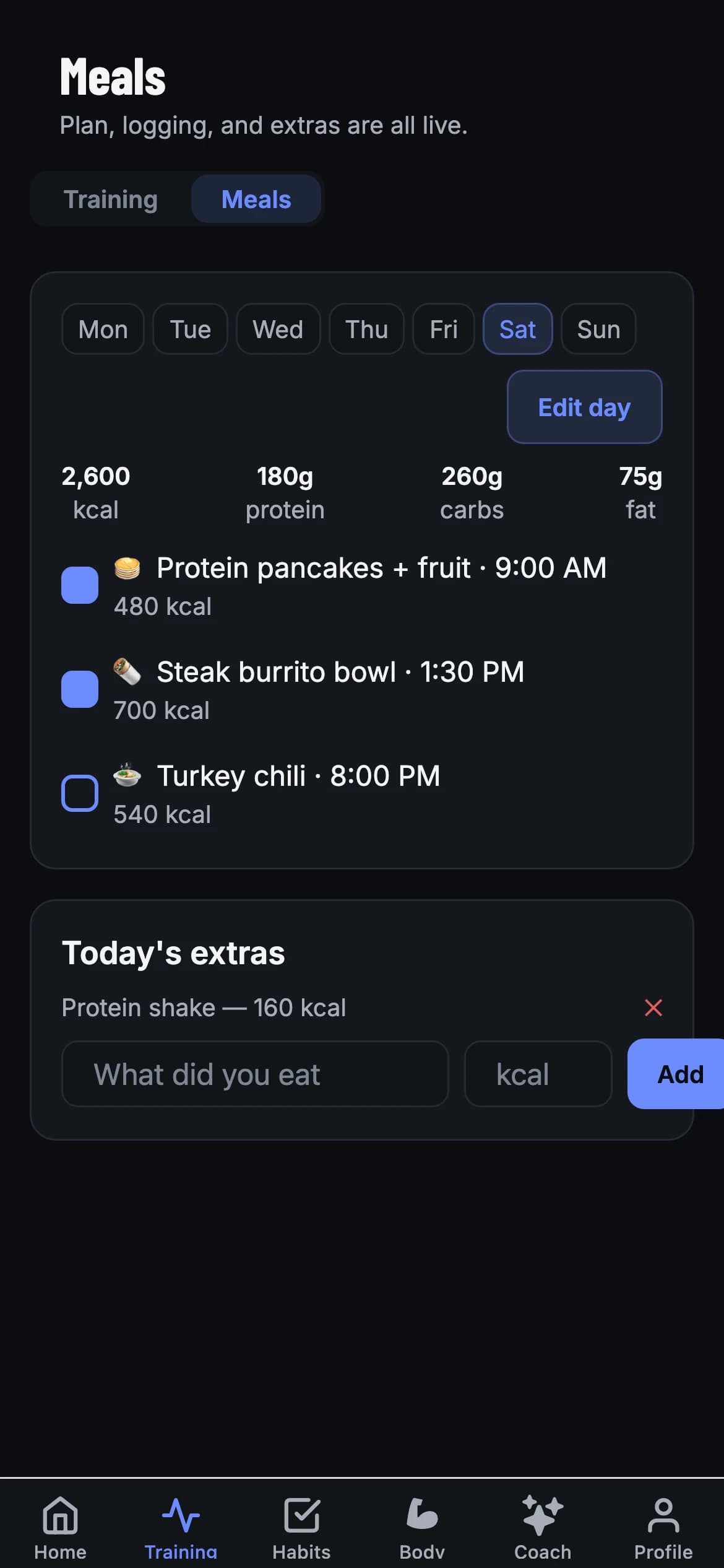 Orbit's weekly meal plan with macro totals