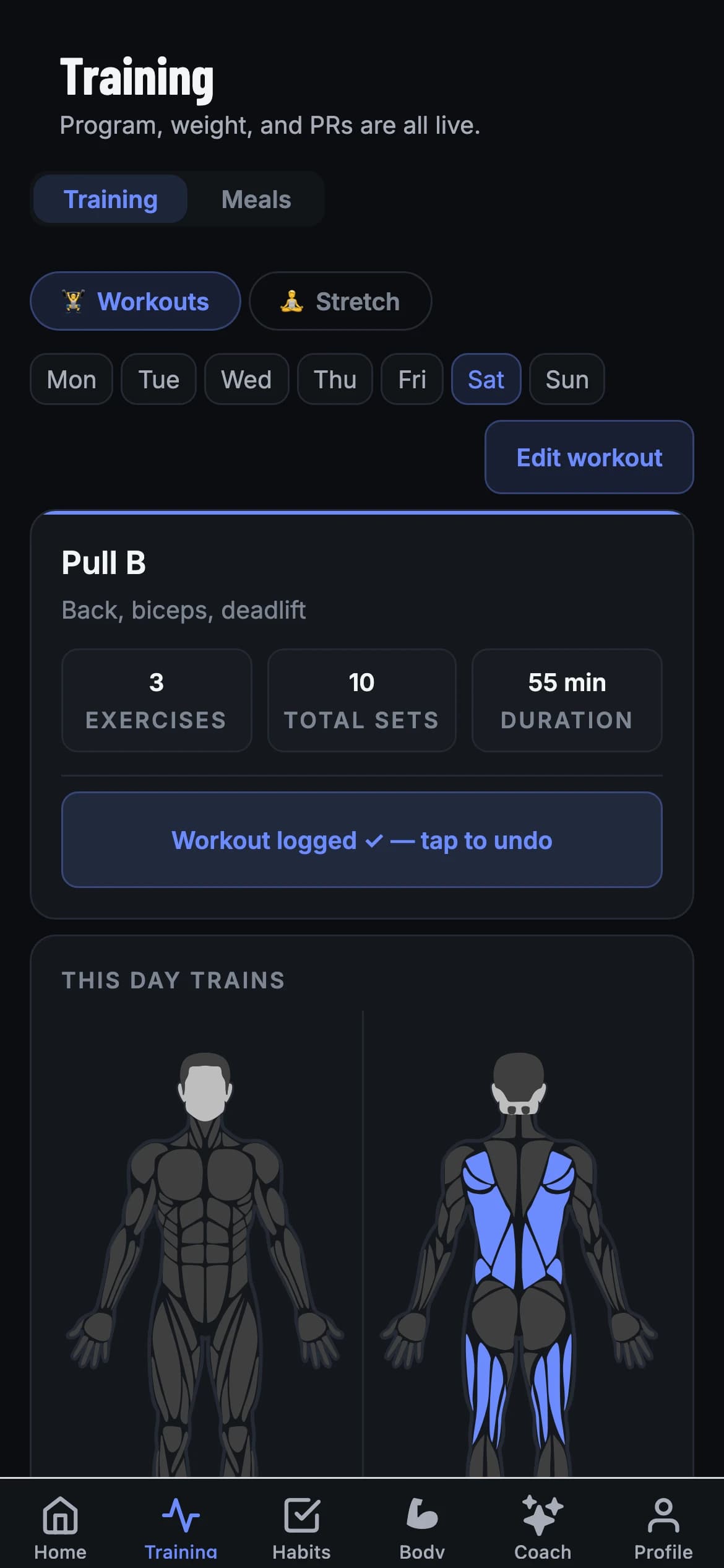 A training day with logged sets